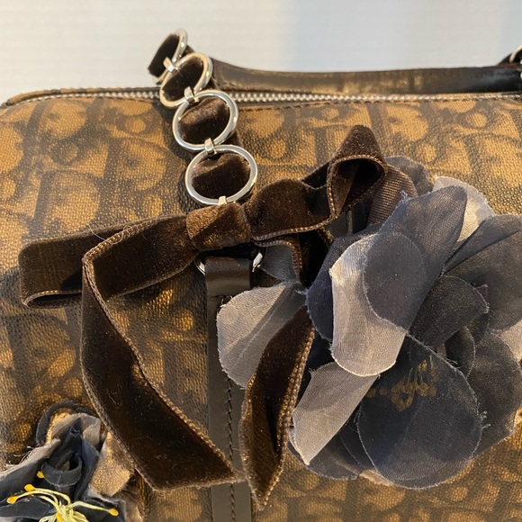 Dior Brown Coated Canvas Trottuer Romantique Floral Bow Small Boston Bag. - Picture 2 of 5